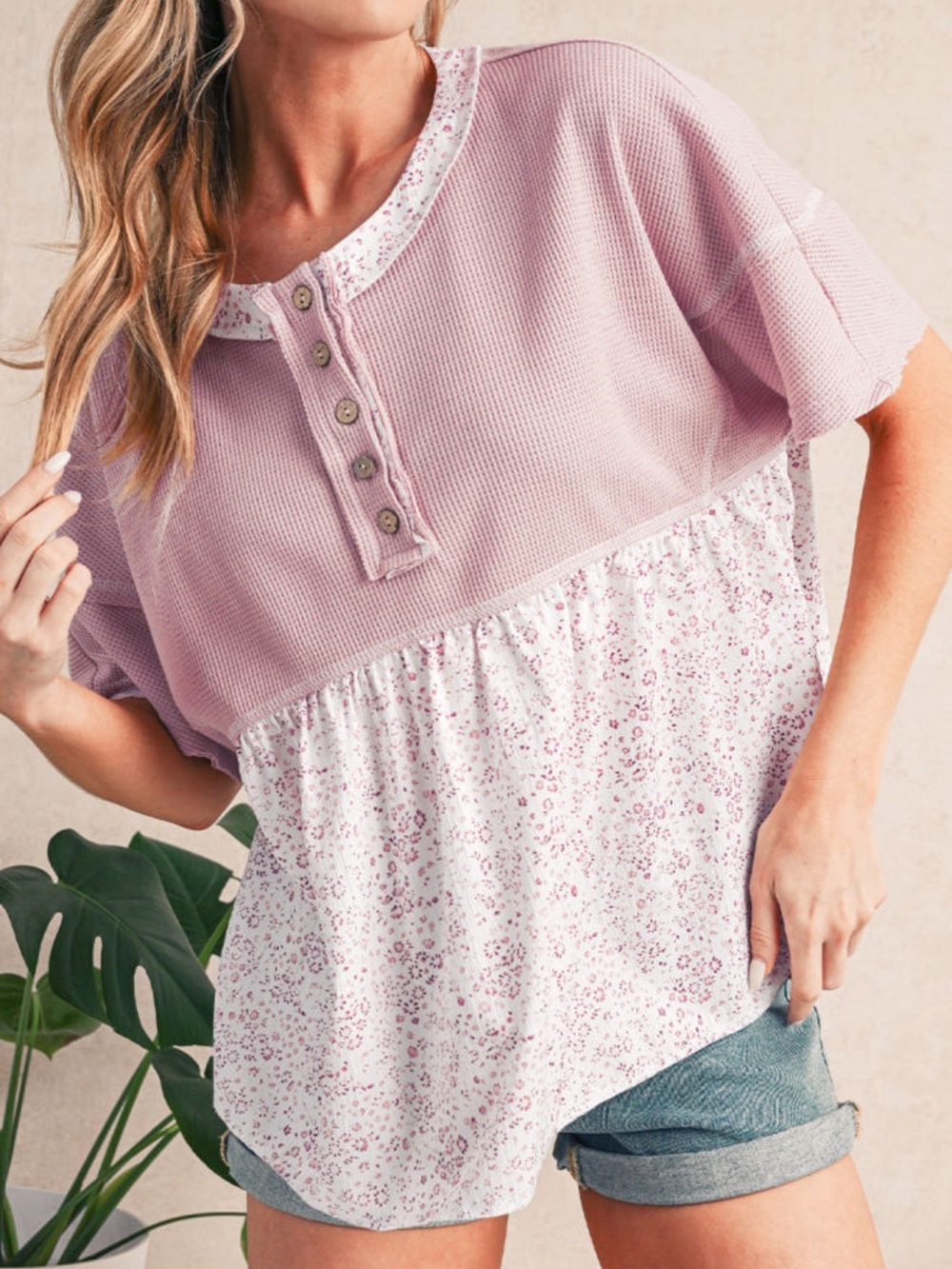 S62-Cute Lavender Pink Waffle Henley Floral Babydoll Top
